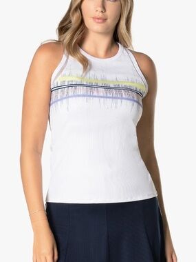 Lucky in Love White Racerback Tank with Blue, Yellow and Purple Stripe Detail